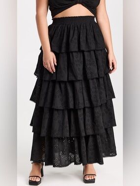Hill House The Eyelet Noemi Skirt - Long Black Ruffle Skirt - Size XXL- Cotton